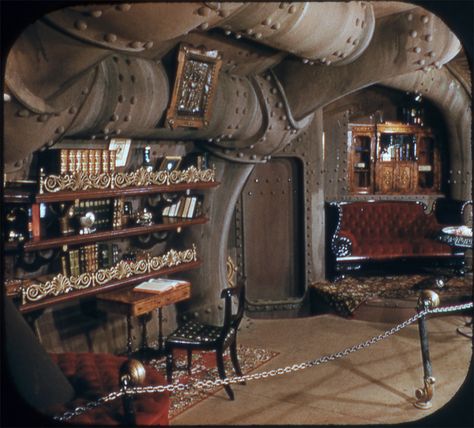 Extremely rare color View-Master picture of the 20,000 Leagues Under the Sea exhibit which opened at Disneyland Tomorrowland in 1955. Nautilus Submarine, Disneyland Tomorrowland, Steampunk Interior, Tomorrow Land, Industrial Workshop, Steampunk House, Leagues Under The Sea, Steampunk Decor, View Master