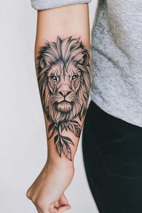 Forearm tattoo of a lion's head with leaves. Lion Head Tattoo Design, Lion Mandala Design, Sara Tattoo, Lion Cub Tattoo, Lion Sleeve, Lion Tattoo Ideas, Lamb Tattoo, American Lion, Liner Tattoo