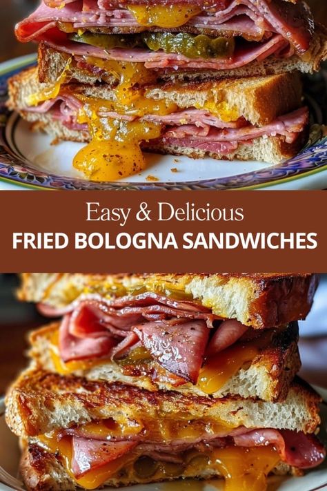 Fried Bologna Sandwiches Hobo Sandwiches, Awesome Sandwiches, Hamburger Bun Sandwich Ideas, Special Sandwiches, Bologna Sandwich Ideas, Grilled Sandwiches Ideas, Recipes With Bologna, Bodega Food, Bologna Appetizers