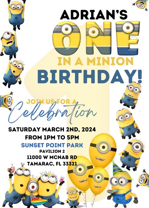 ONE in a Minion Birthday Invite! - For your custom invite send me a message ! One In A Minion First Birthday, Minion First Birthday Party, Minion First Birthday, 1st Birthday Minion Theme, 2nd Birthday Minion Theme, One In A Minion First Birthday Invitation, Minion Party Invitations Free Printables, Minion Party Invitations, Minion Invitation