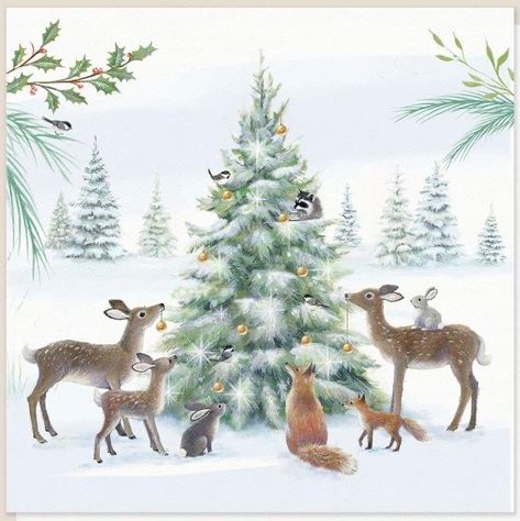 Fox Christmas Card, Woodland Critter Christmas, Woodland Christmas Cards, Winter Woodland Christmas, Christmas Woodland Animals, Gingerbread Inspiration, Owl Christmas Tree, Christmas Rocks, Christmas Woodland