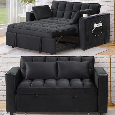 PRICES MAY VARY. 【Multifunctional pull-out sofa bed】It has two straps to assist pull-out and can quickly turn the sofa into a bed for a guest/child bed to take a rest. The backrest is adjustable at 3 levels to incline from 105° - 180°, meeting different needs of reading, entertaining, or sleeping. With durable armrests, safety is ensured to provide from falling down when used as a sleeper bed. 【Comfortable Velvet Sofa】The soft and skin-friendly velvet fabric of this sofa ensures a high level of Boys Room With Sofa Bed, Velvet Sofa Beds, Black Bed Couch, Small Black Couch Bedroom, Black Friheten Sofa Living Rooms, Man Cave Basement Seating, Luxury Sofa Bed Couch, Bed And Coach In One Room, Black Sleeper Sofa