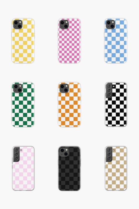 Checkered iPhone cases, in either yellow, hot pink, light blue, deep green, orange, black, pink, dark grey and tan on a white background. Checkered Ipad Case, Checkered Phone Case, Checker Design, Mobile Cases, Checkered Pattern, Pattern Phone Case, Iphone Cover, Phone Cover, Christmas List