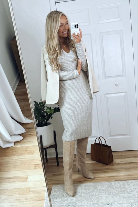 Age Outfits, Knitted Dress Outfit, Cream Knitted Dress, Sweater Dress Outfit, Elle Macpherson, Style Makeover, Closet Inspiration, Dresses Outfits, Ribbed Knit Dress