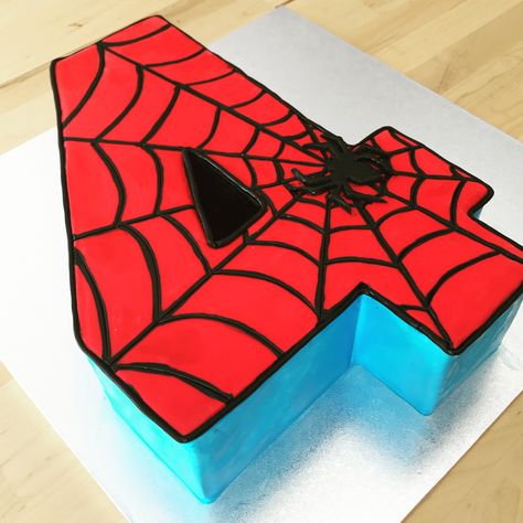 Diy Spider Man Cake, Spidey Friends Birthday Cake, Spiderman Party Desserts, Spider Man 3rd Birthday Cake, No 4 Birthday Cake, 4 Spiderman Cake, Birthday Cake For Boys 4th, 4 Year Spiderman Cake, Spidy Cake Birthday Boys