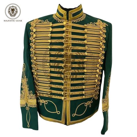 Napoleonic Style Green Hussar Jacket - Handcrafted Military Uniform Tunic for Hendrix Pipe Band Hussar Uniform, Vintage Military Uniforms, Black And Gold Jacket, Halloween Jacket, Jimmy Hendrix, Kilt Jackets, Band Jacket, Gold Jacket, Navy Blue Jacket