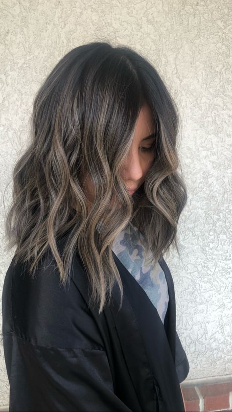 Dimensional Hair Color Brown, High Contrast Balayage Short Hair, Natural Ash Balayage, Short Dark Hair With Lowlights, Short Dark Brown Hair With Dimension, Cool Tone Hair Color Brunettes, Long Bob Balayage Brunette, Dimensional Brunette Short Hair, Medium Length Brunette Balayage