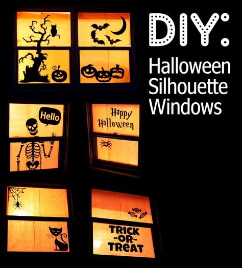 Halloween Window Silhouettes, Window Silhouette, Orange Tissue Paper, Halloween Silhouette, Halloween Window Decorations, Hantverk Diy, Image Halloween, Casa Halloween, Adornos Halloween