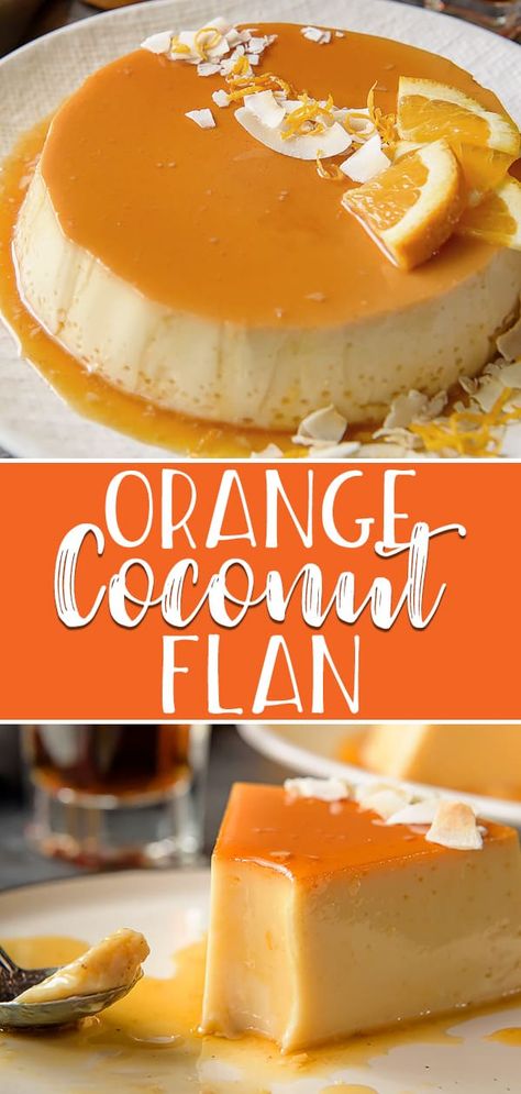 You don't have to be on a tropical vacation to enjoy a slice of this silky-smooth Orange Coconut Flan - it's just as easy to make at home! A tasty variation on the classic, this flan de coco combines a creamy coconut custard with an orange-rum caramel crown. #crumbykitchen #flan #flandecoco #coconutflan #hispanic #dessertrecipes Orange Flan, Flan Recipe Easy, Rum Caramel, Flan Dessert, Coconut Flan, Orange Dessert, Flan Cake, Boricua Recipes, Flan Recipe