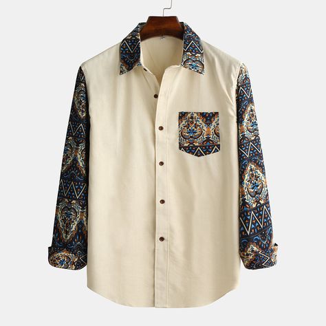 Casual Patterned Shirt For Streetwear, Cotton Printed Shirt For Streetwear, Casual Patchwork Patterned Shirt, Cotton Patchwork Shirt For Streetwear, Patchwork Shirt Men, Casual Patchwork Button-up Shirt, Patchwork Shirt, Linen Stitch, Ethnic Patterns