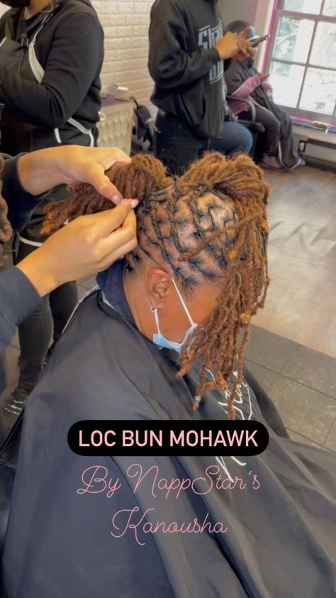 nappstar_nyc on Instagram: Loc Bun Mohawk 🤟🏾🤩💕 Book Now at NappStar.com #locs #locstyles #locsalon #NappStar #nyc Mohawk With Locs Black Women, High Locs Ponytail, Loc Mohawk Styles Dreadlocks, Locs Mohawk Styles Women, Mohawk Loc Styles, Mohawk Loc Styles Black Women, Nappstar Nyc, Loc Mohawk Styles, Bun Mohawk