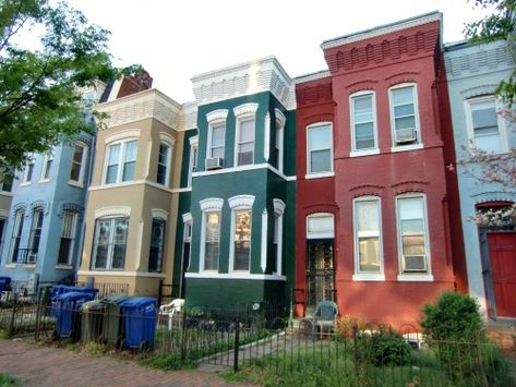 Colorful Row Houses in D.C. Row House Colors Exterior, Rowhome Exterior, Rowhouse Architecture, Houses Inspiration, Small Apartment Building, Townhouse Exterior, Painted Brick House, Tiny House Exterior, Door Colors