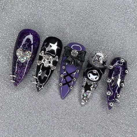 Gothic Gel X Nails, Kromium Nails, Sanrio Nails Acrylic Kuromi, Kuromi Press On Nails, Goth Hello Kitty Nails, Kuromi Nails Purple, Halloween Goth Nails, Kuromi Short Nails, Goth Y2k Nails