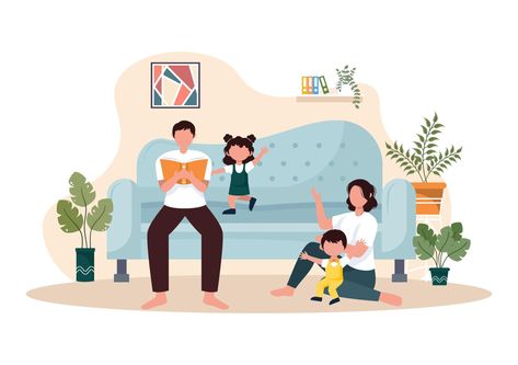 Family Time of Joyful Parents and Children Spending Time Together at Home Doing Various Relaxing Activities in Cartoon Flat Illustration for Poster or Background Quality Time With Friends, House Cartoon, Banner Web, Friends Illustration, Cry A Lot, Time With Friends, Infographic Illustration, Family Cartoon, Post Partum