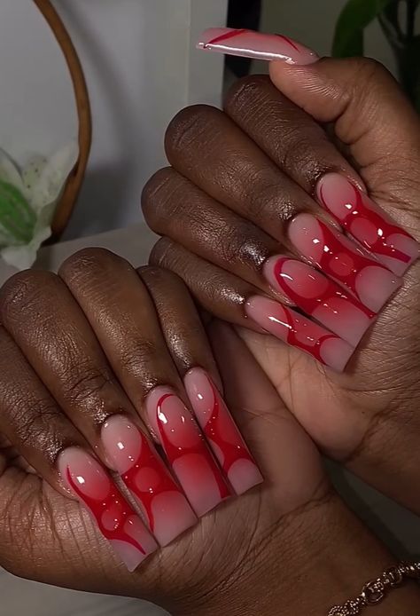 Long Airbrush Nails, Airbrush Red Nails, Pink And Red Ombre Nails Acrylic, Red Birthday Nail Designs, Air Brush Nail Set, Pink Drip Nails, Red Baddie Nails Acrylic, Red Airbrush Nails, Red Junk Nails