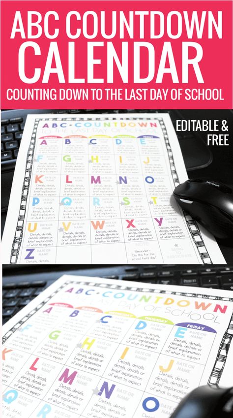 Free Editable ABC Countdown Calendar for Kindergarten, First grade and Second Grade Abc Countdown To Summer Preschool, Abc Countdown To Summer Kindergarten, Abc Countdown To Summer, Calendar Kindergarten, Teaching Alphabet, Abc Countdown, Kindergarten Calendar, Teaching Abcs, School Countdown