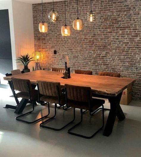 Industrial Interior Dining Room, Brick Dining Room Wall, Brick Dining Room, Industrial Style Dining Room, Loft Dining Room, Industrial Dining Room, Green Kitchen Decor, Dining Room Industrial, Wood Dining Room