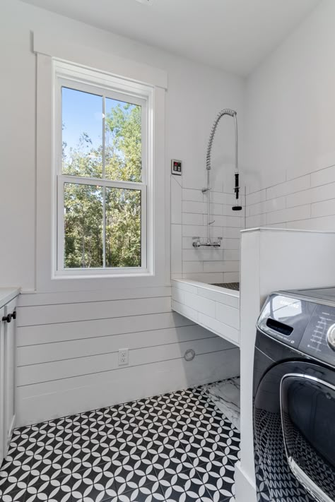 tile, dog washing station, laundry room, farmhouse, modern, backsplash Dog Shower In Laundry Room Utility Sink, Pet Sink In Laundry Room, Dog Grooming Station In Laundry Room, Western Style Laundry Room, Dog Sinks In Laundry Room, Pet Bath In Laundry Room, Laundry Room With Sink And Dog Bath, Dog Washing Station In Laundry Room Utility Sink, Pet Wash Station Laundry Rooms