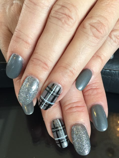 Winter Acrylics, Plaid Nail Designs, Plaid Nail Art, Opal Nails, Grey Nail Designs, Silver Nail, Plaid Nails, Nail Colors Winter, Winter Nails Acrylic