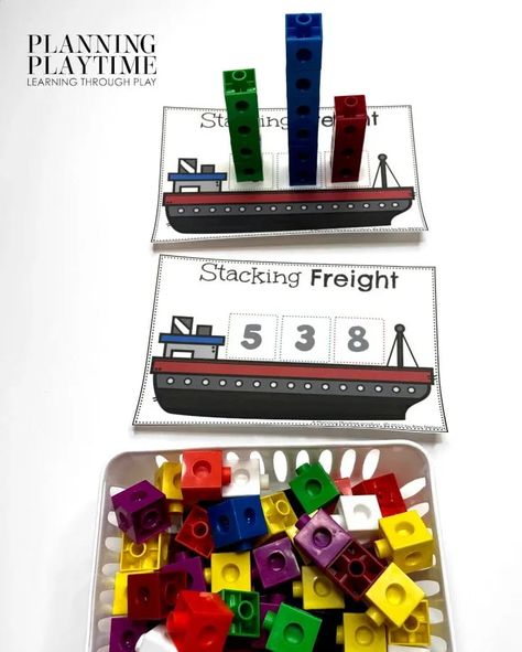 Stack & Count the number of Frieght on the Cargo Ship. -Transportation Preschool Theme Kindergarten Transportation Unit, Transportation Preschool Theme, Transportation Science, Kindergarten Transportation, Transportation Preschool Activities, Transportation Theme Preschool, Preschool Theme Activities, Transportation Unit, Number Counting