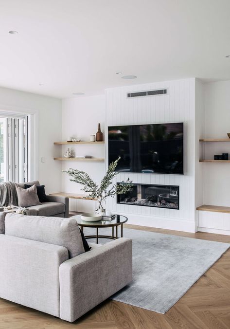 Modern Living Room with VJ Panelling and Floating Shelves Small Coastal Living Room, Vj Panelling, Gas Fireplace Ideas Living Rooms, Ideas Decoracion Salon, Hampton Style Home, Painting A Room, Lounge Room Styling, Fire Wall, Easy Weekend Projects