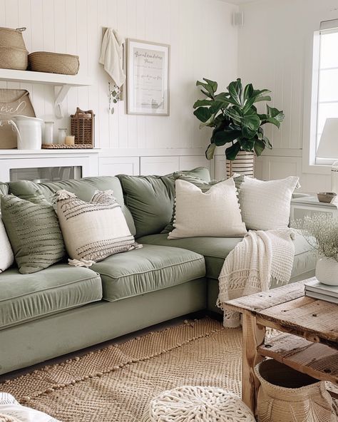 Rustic Living Room Inspo: Warm and Inviting Decor Light Green Fireplace, Sage Cream Living Room, Sage And Tan Living Room, Sage Green Farmhouse Living Room, Sage Green Couch Living Room, Pale Green Living Room, Sage Couch, Living Room With Green Accents, Sage Green Couch