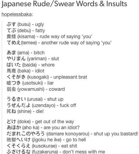 Japanese cuss swear curse words phrases Japanese Curse Words, Words In Different Languages, Words In Other Languages, How To Speak Japanese, Learn Japan, Bahasa Jepun, Materi Bahasa Jepang, Swear Words, Learning Languages Tips