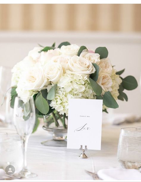 White Roses And Greenery Centerpiece, White Roses And Eucalyptus Centerpieces Wedding, White Roses Table Centrepiece, Centerpieces Wedding White And Green, Hydrangea And Rose Centerpiece Wedding, Roses And Hydrangea Centerpieces, White Roses Eucalyptus Centerpiece, Wedding Centerpieces Hydrangea And Roses, White Flower Centerpieces With Greenery