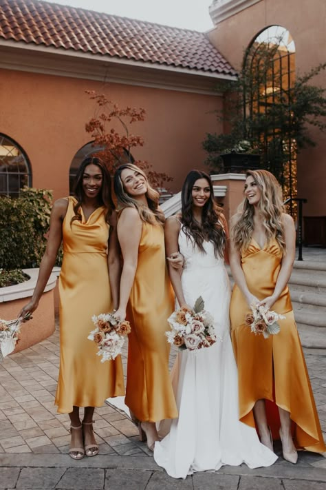 Yellow Gold Satin bridesmaid dresses by Dessy x Lovely Bride #bridesmaidideas #weddingideas Gold Satin Bridesmaid Dresses, Slip Bridesmaids Dresses, Rustic Bridesmaid Dresses, Rustic Bridesmaids, Yellow Bridesmaid, Bridesmaid Dress Collection, Tea Length Wedding, Yellow Bridesmaid Dresses, Affordable Bridesmaid Dresses