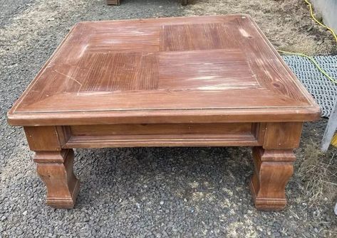 We purchased a large coffee table from an auction house where we buy a lot of furniture. It was solid wood with dents and scratches, so we knew we could make it look great! Here it is with all of those dent, scratches and discoloration on the sides and top, but that was what made it so appealing to redo. Ooh, all that worn wood on the top. Many people might sand it down and restain it, but we love using chalk paint and distressing it ourselves. We used this matte cottage white pa… Resurface Coffee Table Top, Coffee Table Makeover Diy, Coffee Table Refinish, Coffee Table Redo, Dark Wood Coffee Table, Coffee Table Makeover, Large Coffee Table, Using Chalk Paint, River Cottage