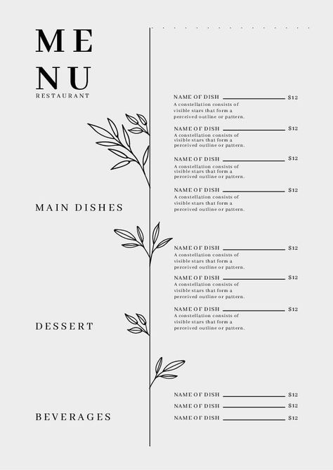 Menu Design Ideas Minimalist, Fun Menu Design Ideas, Minimalist Menu Design Layout, Catering Menu Template, Pretty Menu Design, Minimalist Menu Design Cafe, Fine Dining Menu Design Layout, Large Menu Design, Restaurant Menu Layout