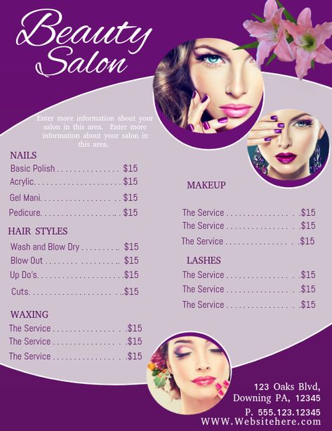 Mini Salon Ideas, Hair Salon Price List, Men Salon, Hair Salon Prices, Nail Salon Prices, Beauty Salon Marketing, Beauty Template, Wash And Blow Dry, Baby Logo Design