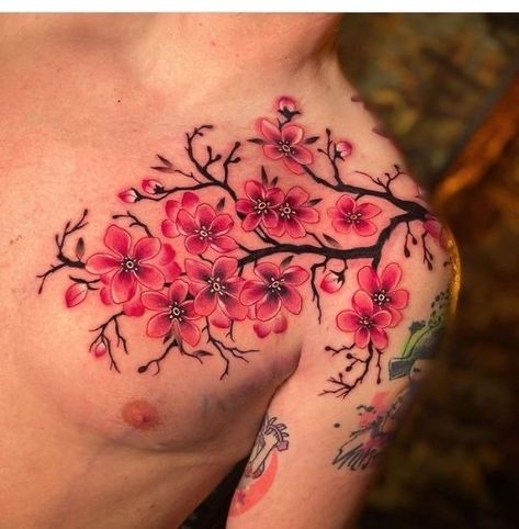 Cherry Blossoms Tattoos Men, Cherry Blossom Flower Tattoo Design, Altimerzers Tattoos, Japanese Style Cherry Blossom Tattoo, Men’s Cherry Blossom Tattoo, Cherry Blossom Leg Tattoo Men, Cherry Blossom Tree Tattoo Men, Simple Blue Tattoo, Cherry Blossom Chest Tattoo Men