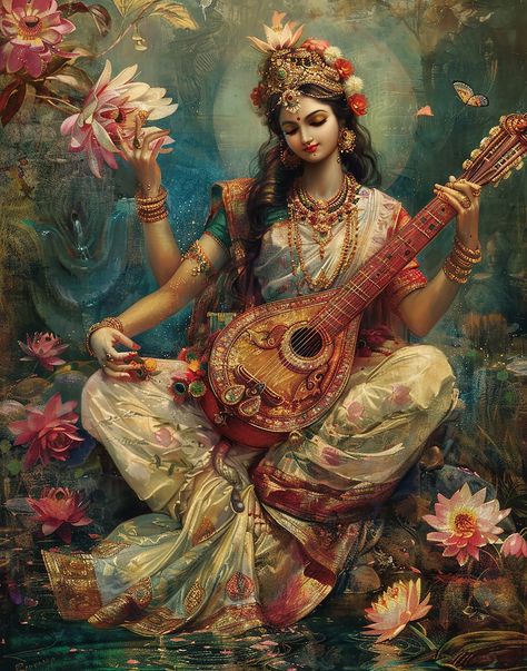 Hindu Goddess Painting, Saraswati Goddess Aesthetic, Indian Gods And Goddesses, Hindu Women Art, Hindu Goddess Wallpaper, Maa Saraswati Wallpapers, Hindu Gods Art Painting, Ma Saraswati Images, Indian Gods Aesthetic