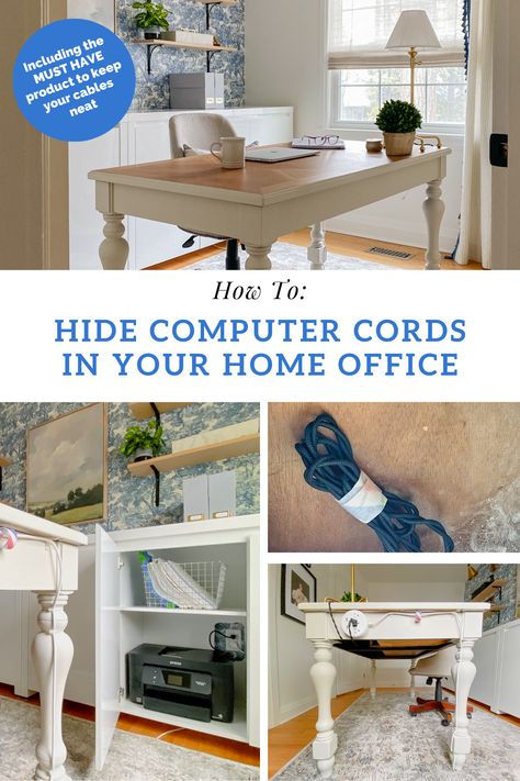 how to hide computer cords on and under your desk How To Hide Office Cords, Hide Office Cords, Home Office Hide Cords, Home Office Ideas Hide Cords, Desk In The Middle Of Office, Office In Middle Of Room, Middle Of The Room Desk, Hide Monitor Cords, Computer Office Design