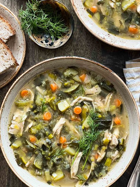 Chicken Soup with Leeks and Dill - Lemons + Anchovies Vegetable And Bean Soup, Soup With Leeks, Ginger Chicken Soup, Caldo Recipe, Leftover Roast Chicken, Leftover Potatoes, Roast Chicken Leftovers, Easy Roast Chicken, Printable Recipes