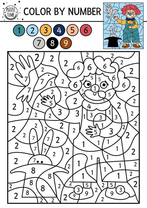 Vector circus color by number activity with clown, dove and rabbit in hat. Circus black and white counting game with cute stage performer. Funny amusement show coloring page for kids Circus Color By Number, Circus Coloring Pages, Illustrative Math, Camp Carnival, Clown Crafts, Number Activity, Vector Landscape, Teacher Craft, Counting Games