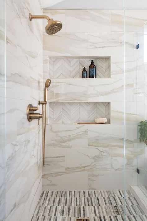 Tile With Gold Accents, Porcelain Shower Tile, Master Bathrooms Luxury, Spa Bathroom Decor, Bathroom Lighting Ideas, Bathrooms Luxury, Spa Inspired Bathroom, Master Bath Shower, Luxury Master Bathrooms