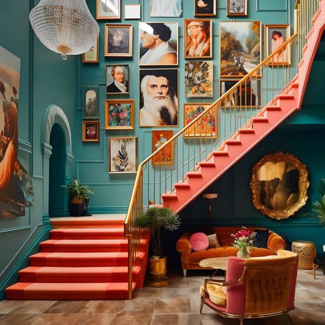 Maximalism Aesthetic, Maximalist House, Art Deco Entrance, Stairway Gallery, Stairway Gallery Wall, Maximalist Boho, Maximalist Aesthetic, Stairway Decorating, Deco Paint