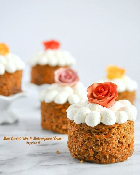 Mascarpone Clouds Mini Carrot Cake - I Sugar Coat It Wedding Cake Fillings, Carrot Cake Topping, Cake Presentation, High Tea Ideas, Mini Carrot Cake, Afternoon Tea Ideas, Vegan Wedding Cake, Mini Carrots, Sprinkle Cupcakes