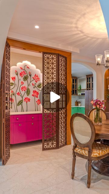 Home Mandir Designs Puja Room, Mandir Door Design For Home, House Mandir, Home Mandir Designs, Mandir Design Puja Room, Puja Room Design Indian, Puja Door, Pink Cabinet, Mandir Decor