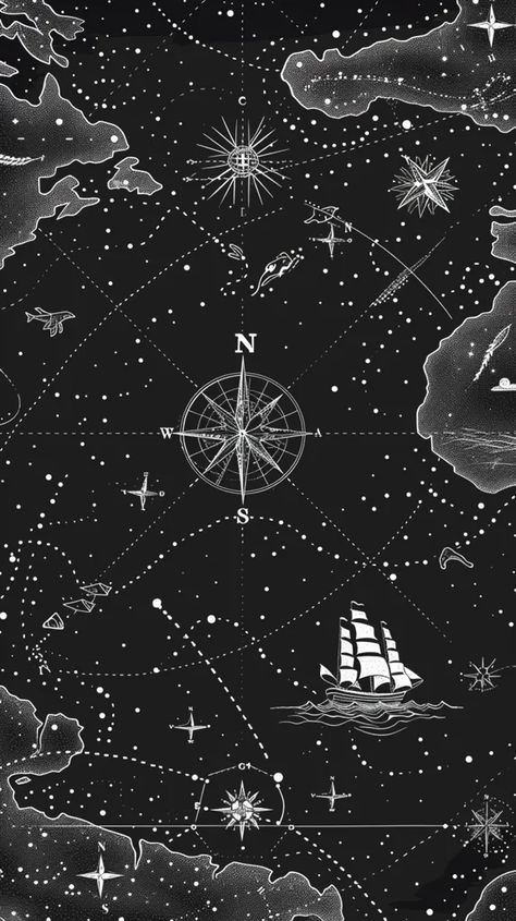 Midjourney AI Image: mystical black and white travel pattern dotted lines on the map --ar 9:16 → more in ai-img-gen.com Vintage Compass Aesthetic, Navigation Aesthetic, Nautical Navigation, Dark Starry Night, Stream Layout, Sailor Aesthetic, Night Sky Map, Ship Sails, Sky Chart