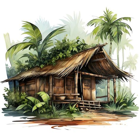 Download this Premium Photo about Watercolor Cottage of Bamboo Hut Woven Palm Leaf Decorations Earthy Greens and Bro Art 2D Vector, and discover more than 1 Million Professional Stock Photos on Freepik Bahay Kubo Design Philippines, Hut Painting, Bahay Kubo Design, Jungle Hut, Bappa Decoration, Bamboo Hut, Bamboo Village, Bamboo Drawing, Watercolor Cottage