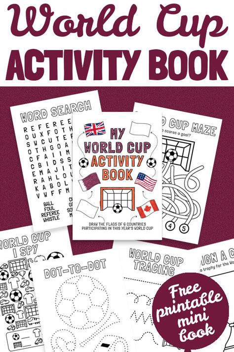 Free printable football soccer activities for kids. Make your own World Cup mini book with these 10 fun games, including a World Cup Word Search, I Spy, Tracing, and more! World Cup Games For Kids, Soccer Classroom Activities, Soccer Party Activities, Soccer Activities For Kids, Soccer Crafts For Kids, World Cup Party Ideas, Soccer Party Games, Soccer Activities, Tutoring Activities