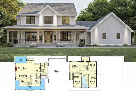 Sq. Ft.: 3,071 | Bedrooms: 4 | Bathrooms: 4.5 Porch Floor Plan, French Front Doors, Century Farmhouse, Porch Floor, White Subway Tile Backsplash, Board And Batten Siding, Wooden Console Table, Round Dining Set, Wooden Bar Stools