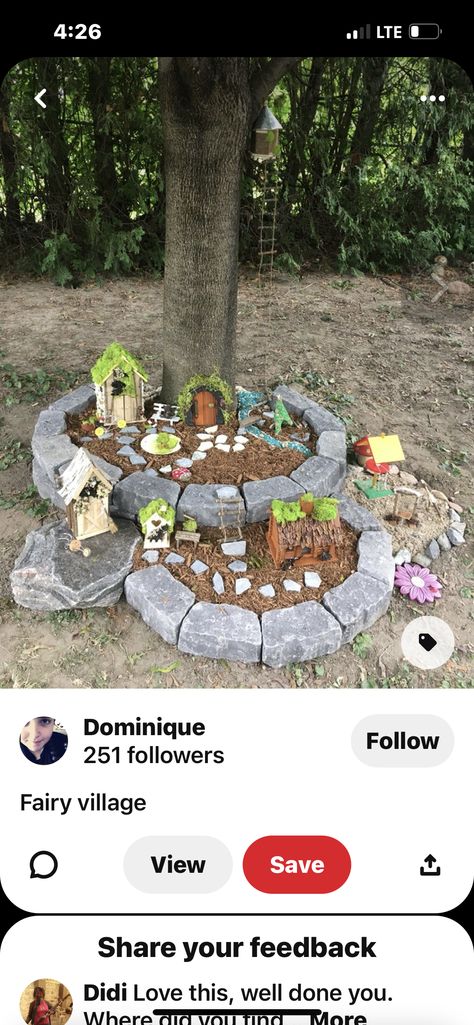 Fairy Garden Stone House Diy, Fairy Front Yard, Large Garden Ideas Landscaping Backyards, Fairy Garden Neighborhood, Tree Area Ideas, Fairy Garden In Backyard, Fairy Garden Ideas Around Tree, Fairy And Gnome Gardens, Fairy Garden Around A Tree