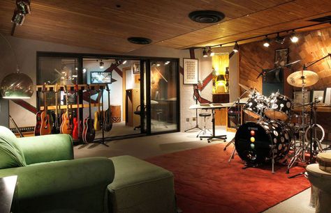 Basement music practice room with guitars keyboard and drum set Basement Music Room, Finished Basement Designs, Ruangan Studio, Music Room Design, Drum Room, Home Music Rooms, Basement Layout, Man Cave Basement, Guitar Room