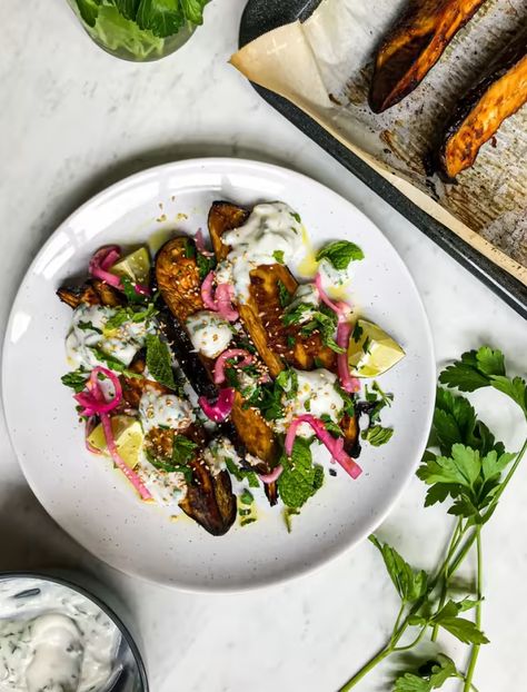 Whisk - Miso Roasted Aubergine with Herby Yogurt, Ginger Pickled Red Onion & Sesame Blackened Cod, Roasted Aubergine, Pickled Red Onion, Vegan Greek, Vegetarian Comfort Food, Miso Paste, Eggplant Dishes, Roast Eggplant, Lebanese Recipes