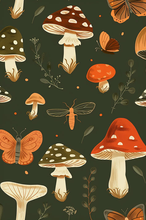 Wall Art Mushroom, Fall Mushrooms Wallpaper, Mushroom Ipad Wallpaper Aesthetic, Fall Cottagecore Aesthetic Wallpaper, Christmas Mushroom Wallpaper, Halloween Mushroom Wallpaper, Mushroom Asthetic Wallpers, Autumn Phone Wallpaper Cute, Cottage Core Fall Wallpaper