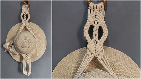 Diy Hat Holder, Diy Hat Hanger, Jute Wall Art, Macrame Hat Hanger, Macrame Hat, Pola Macrame, Macrame Feathers, Macrame Plant Hanger Patterns, Macrame Home Decor